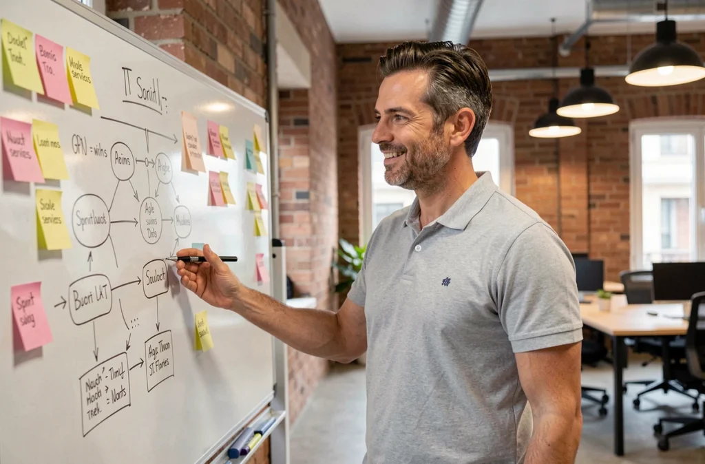 Chef de projet informatique de Kincy présentant un planning agile dans un espace collaboratif à Toulouse