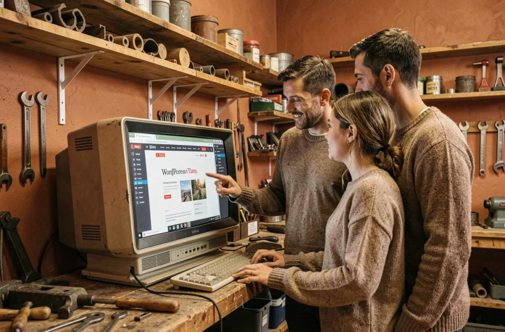 Équipe de l'agence La Quincaillerie présentant un prototype WordPress dans un espace de travail artisanal chaleureux