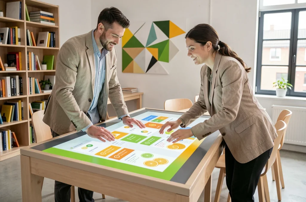 Équipe de l'agence Lemon Interactive travaillant sur des maquettes UI colorées autour d'une table tactile