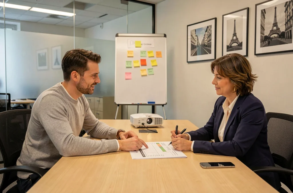 Consultant Mad Informatique présentant un rapport d'audit informatique à la dirigeante d'une PME parisienne