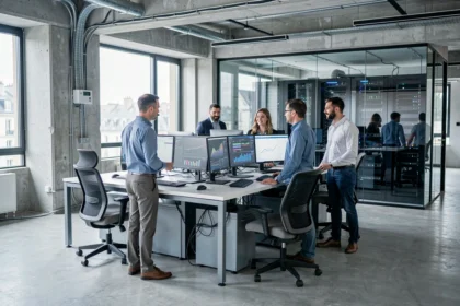 Équipe de techniciens informatiques en Île-de-France travaillant dans un bureau moderne avec plusieurs écrans et baies de serveurs