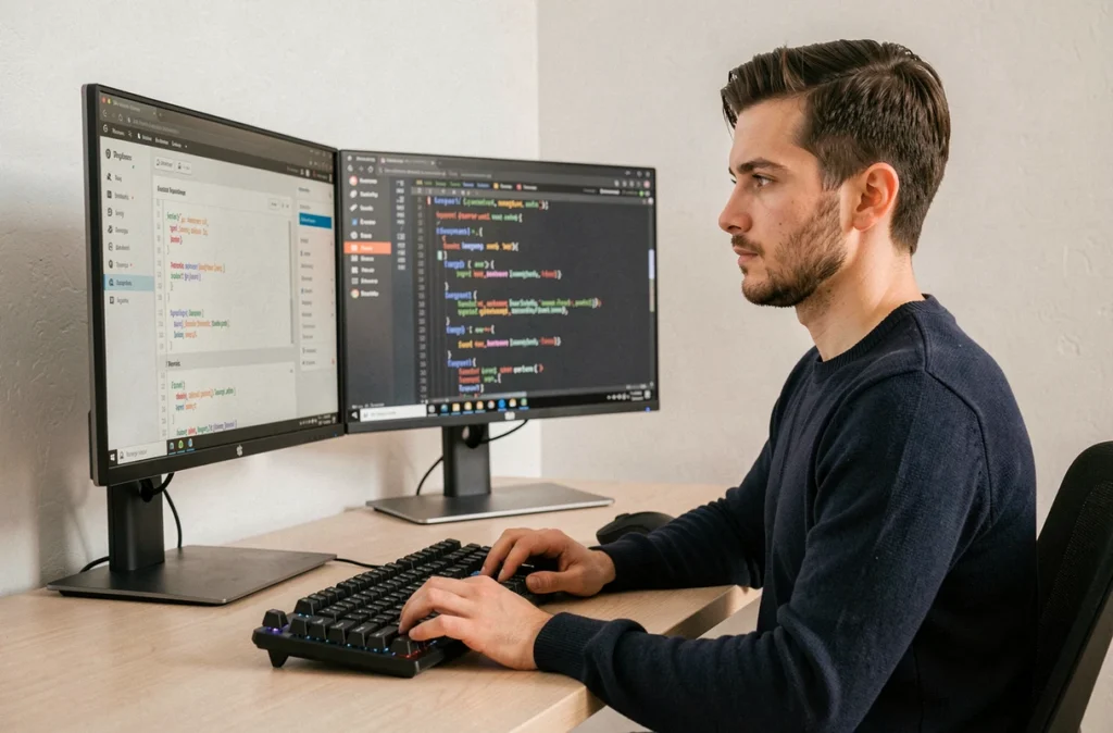 Développeur WordPress spécialisé en maintenance de site web travaillant sur un tableau de bord WordPress
