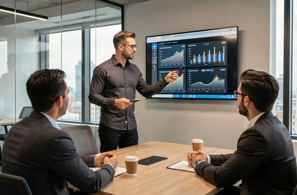 Stratège digital de l'agence Noiise présentant des tableaux de bord analytiques à son équipe