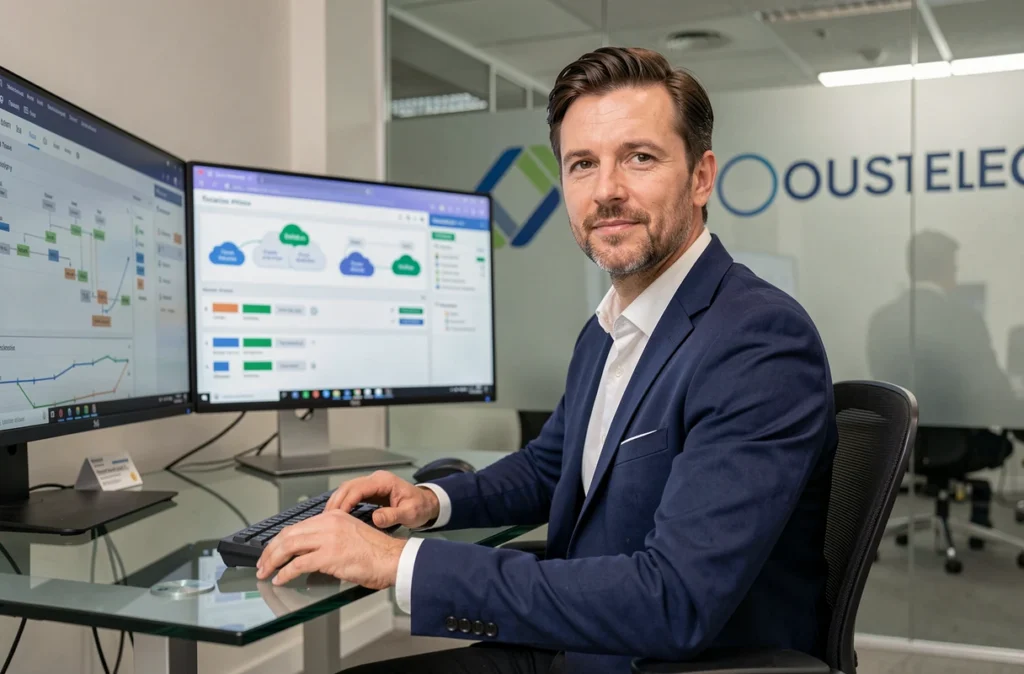 Consultant informatique d'Opsky dans un bureau moderne à Toulouse devant des tableaux de bord cloud