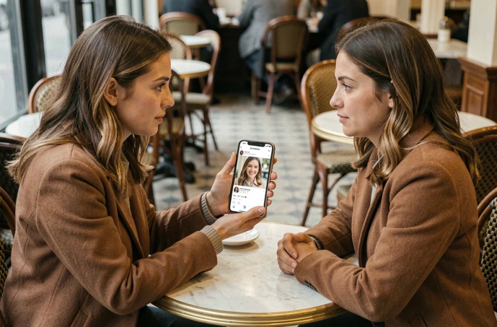 Deux femmes dans un café parisien consultant une photo sur smartphone pour identifier une personne, illustration de la recherche en ligne