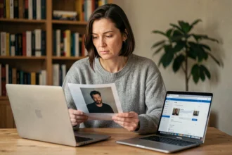 Femme consultant une photo imprimée devant un ordinateur portable pour rechercher une personne, cadre bureau à domicile