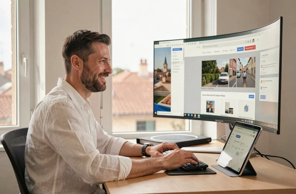Développeur web de SmartWeb Toulouse créant un site responsive dans un studio moderne avec vue sur la ville