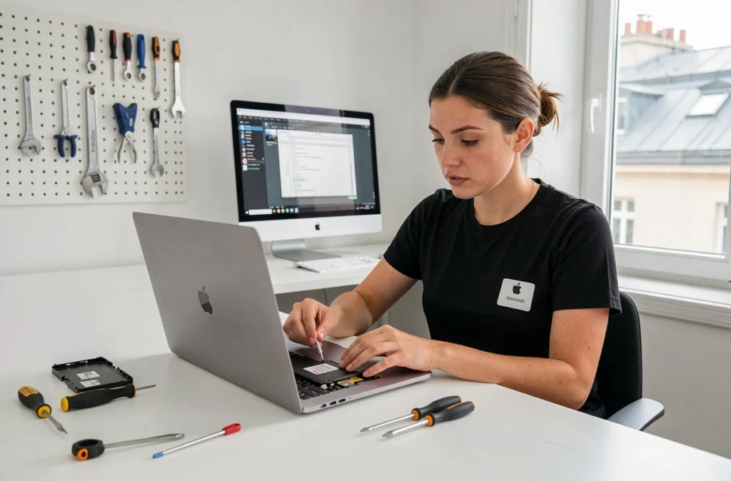 Technicienne Solution Informatik spécialisée Apple remplaçant la batterie d'un MacBook Pro dans un atelier parisien