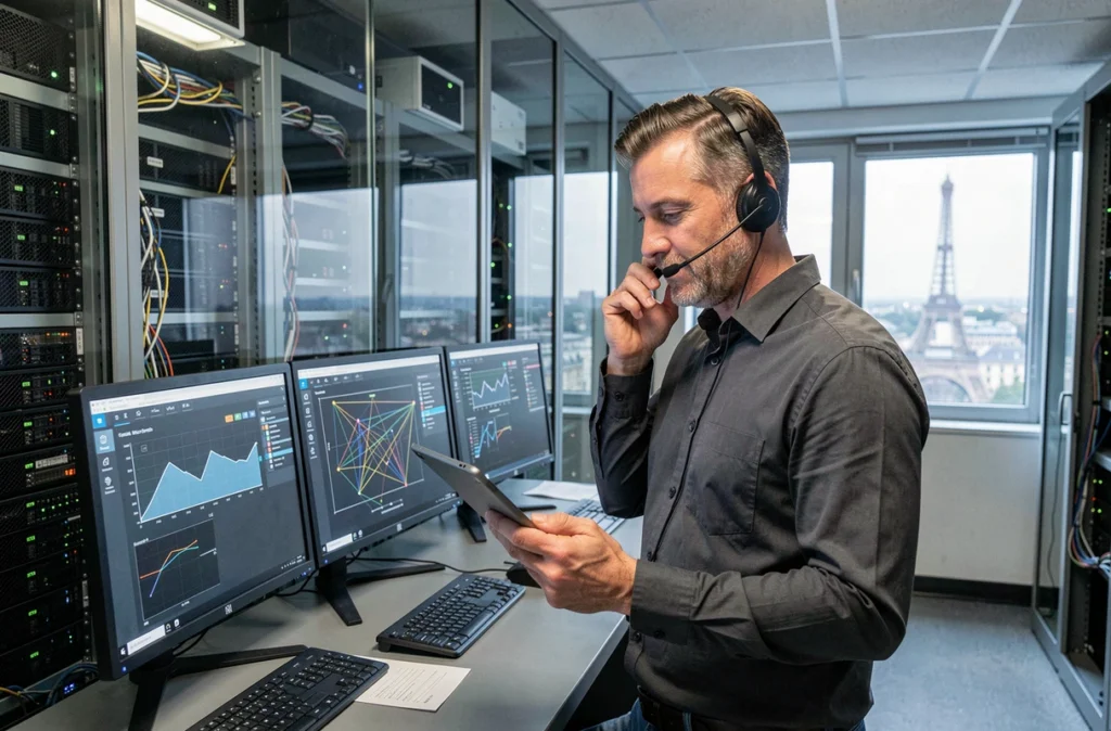 Spécialiste Technofix supervisant un réseau multi-sites depuis une salle serveur professionnelle à Paris