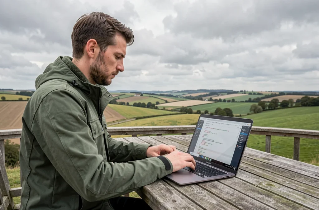 Développeur de l'agence Wapiti travaillant sur WordPress en plein air avec un paysage des Hauts-de-France