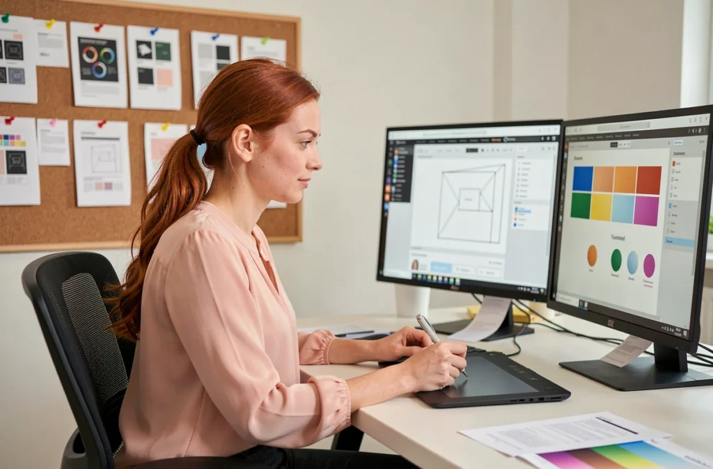 Designer UX de Webance travaillant sur des maquettes de sites web dans une agence digitale à Toulouse