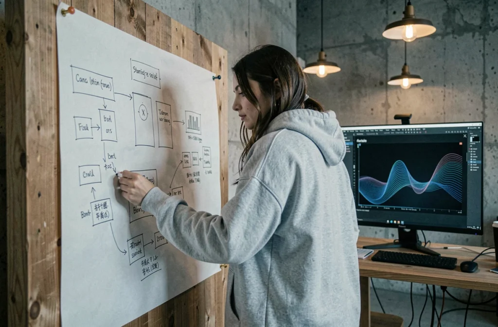 Designer UX de l'agence Wokine esquissant des wireframes pour un projet web créatif