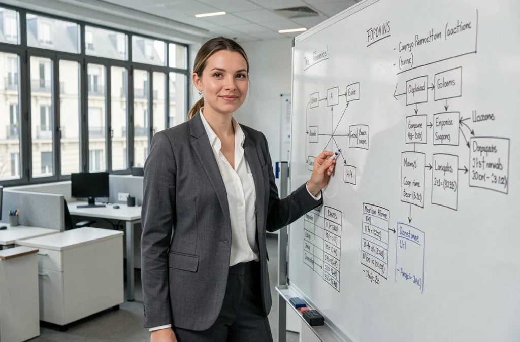 Chef de projet informatique de Ziema planifiant la maintenance réseau sur un tableau blanc dans un espace collaboratif parisien