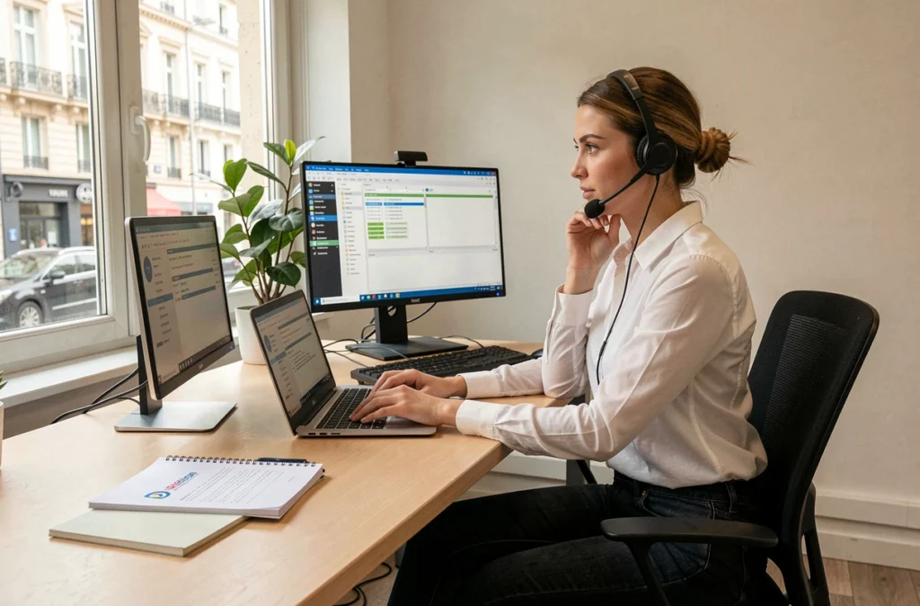Spécialiste en support informatique travaillant sur un ordinateur portable dans un bureau d'entreprise à Tours, Indre-et-Loire